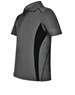 A grey polo shirt with black contrast panels, featuring a classic collar and short sleeves, with a logo on one side.
