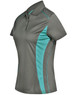 A ladies' short-sleeve polo shirt in dark grey with teal contrast accents and a logo on the chest.
