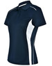 A navy blue ladies' polo shirt with white contrast panels and a logo on the chest.