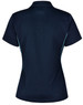 A navy blue ladies' polo shirt featuring contrast piping and a logo on the back.