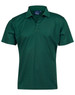 A dark green short-sleeve polo shirt with a collar and a logo on the chest.