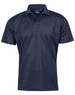 A navy short-sleeved polo shirt featuring a collar and a logo on the label.