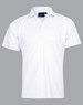 A white short-sleeved polo shirt with a collar and a logo on the upper section.