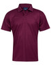 A maroon men's short-sleeve polo shirt with a collar and a logo on the chest.