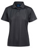 A black women's polo shirt featuring a classic collar, short sleeves, and a logo on the label.