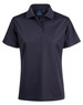 A navy blue ladies' polo shirt with a classic collar and short sleeves. It features a logo on the label.