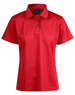 A red ladies' polo shirt with a short sleeve, featuring a collar and buttons, and includes a logo.