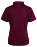 A burgundy ladies' polo shirt with a short sleeve and a standard collar, featuring a logo on the back.