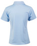 A light blue women's polo shirt with a short-sleeved design and a collar. It has a logo on it.