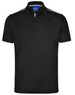 A black short sleeve polo shirt featuring contrast stripes and a logo. Suitable for kids.