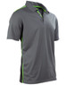 A grey short sleeve polo shirt features green contrast detailing and includes a logo.