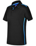 A black short sleeve polo shirt featuring blue contrast stripes and a logo on the collar.