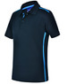 A navy polo shirt with short sleeves featuring blue contrast detailing and a logo.