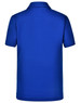 A short sleeve polo shirt in solid blue, featuring a collar and a logo on the back.