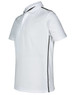 A white polo shirt featuring contrast detailing along the sides and a collar, with a logo present.