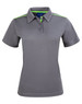 A grey ladies' short sleeve polo shirt with contrasting green detailing and a logo.