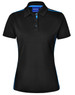 A black ladies' polo shirt with short sleeves and blue contrast detailing, featuring a collar and buttons.