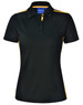 A women's short sleeve polo shirt in black with yellow contrast detailing and a collar. Features a logo on the chest.