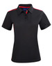 A black short sleeve polo shirt featuring red contrast detailing and a collar, with a logo on the chest.