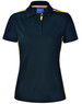 A short-sleeve polo shirt in dark green with yellow contrast detailing and a logo on the chest.