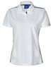 A white short sleeve polo shirt with contrast detailing and a logo on the left chest area.