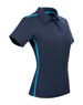 A navy polo shirt with short sleeves and contrast turquoise side panels. Features a collar and buttons, with a logo present.