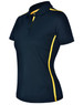 A navy short sleeve polo shirt with contrasting yellow side panels and a collar, featuring a logo.