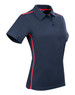 A navy blue polo shirt with short sleeves featuring red contrast piping and a logo.