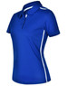 A blue ladies' polo shirt with short sleeves and white contrast stripes, featuring a collar and a logo.