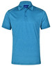 A blue short sleeve polo shirt featuring a subtle texture and a logo on the upper section.