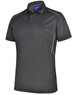 A men's short sleeve polo shirt in dark grey, featuring piping details and a logo.
