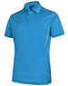 A blue short sleeve polo shirt with a collar and a logo, featuring a textured fabric and contrast detailing.