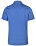 A blue short sleeve polo shirt with a textured finish and a logo on the back.