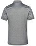 A grey short sleeve polo shirt featuring a smooth fabric texture and a collar, with a logo on the back.