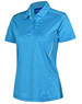 A ladies' short sleeve polo in blue with a logo, featuring a stylish cationic fabric and a modern cut.