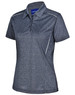 A navy blue cationic short sleeve polo shirt with a subtle textured pattern and a logo.