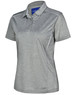 A grey ladies' short sleeve polo shirt featuring a subtle sheen and a logo on the collar.