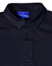 A navy blue polo shirt made of bamboo charcoal with a buttoned collar and a brand logo on the label.