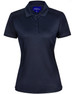 A navy blue women's polo shirt with a collared neckline, short sleeves, and a logo.