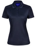 A navy blue women's polo shirt with a collared neckline, short sleeves, and a logo.