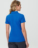 A blue short-sleeve polo shirt for women, featuring a collar and a logo on the back.