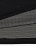 A close-up of a black polo shirt featuring a breathable grey mesh fabric beneath. The shirt includes a logo.