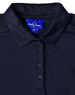 A navy blue polo shirt with a collar, featuring a buttoned placket and a logo on the label.