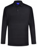 A black long-sleeve polo shirt with a collar and buttons, featuring a logo on the chest.