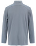 A long-sleeved, grey polo shirt featuring a collar and a simple design, with a logo on the back.