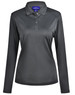 A long-sleeved polo shirt in dark grey with a collar and button placket, featuring a logo.