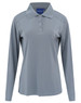 A long-sleeved women's polo shirt in light grey with a collar and three buttons, featuring a logo.