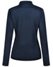 A navy blue ladies' long-sleeve polo shirt with a fitted design and collar, featuring a logo.