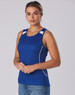 A blue ladies' singlet featuring white accents and a logo, suitable for casual wear.
