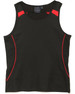 A dark green singlet featuring red accents and a logo on the upper part.
